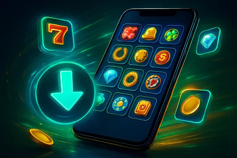 Premium Casino App Glossy smartphone casino app banner with neon download symbol and glowing tiles