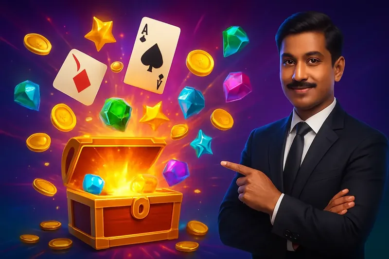 Reward Chest Burst Glowing reward chest with cards, coins, gems, and stars bursting out