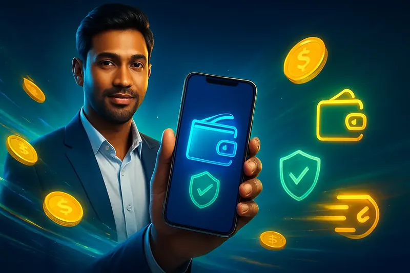 Hand holding smartphone with secure mobile wallet, coins, and speed light trails