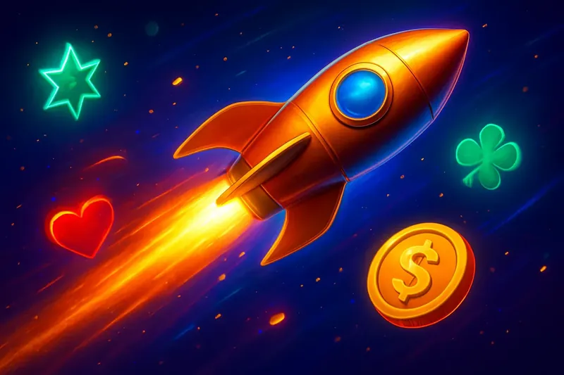 Rocket Crash Banner Rocket launch casino banner with neon speed trails and game particles