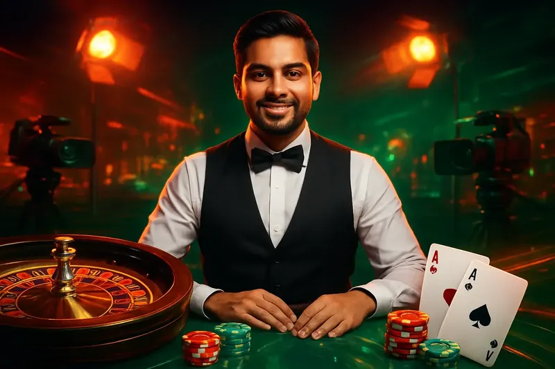 Live Dealer Banner Friendly professional live dealer with roulette, cards, chips, and studio lights
