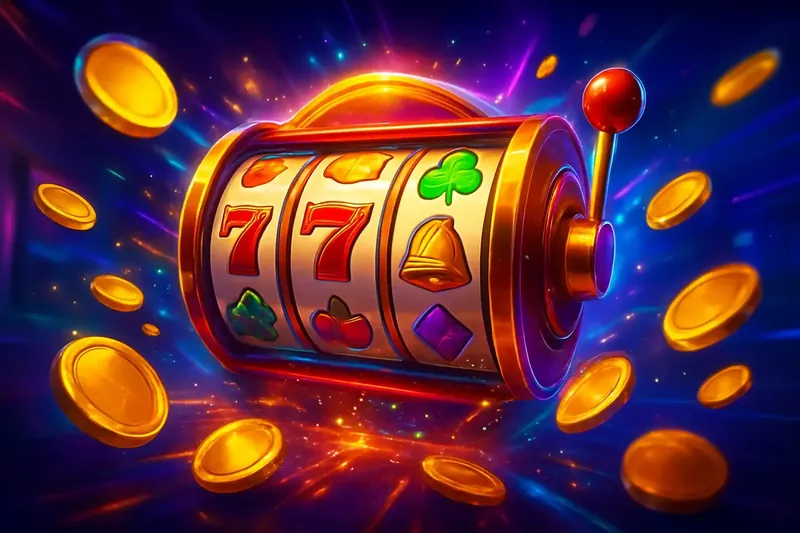 Colorful spinning slot machine with coins, sparkles, and neon casino glow